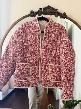 Quilted Floral Bomber Jacket - Red & Cream